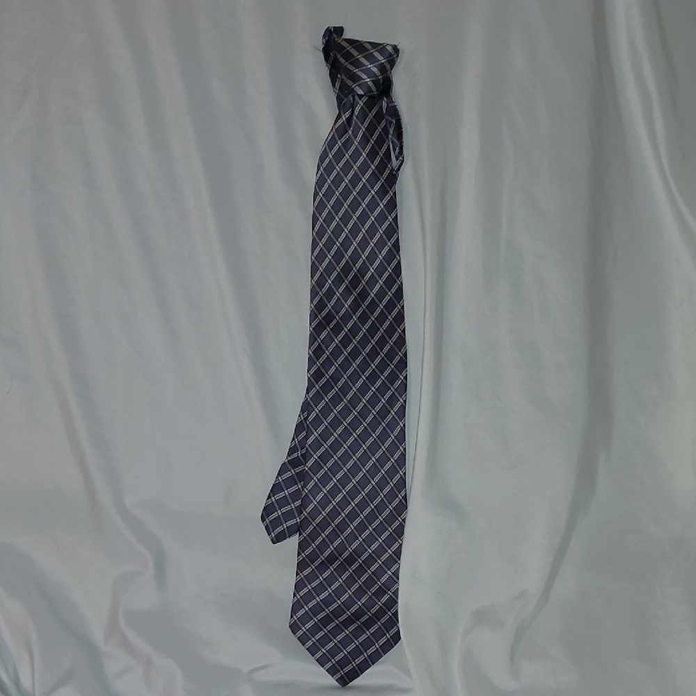 Umo Lorenzo Handmade Italian Silk Pull-up Zippered Tie - Silver And Navy Blue